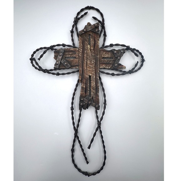 Other - Rustic Wooden Wall Cross Twisted Barbed Wire Primitive Christian Decor 17"